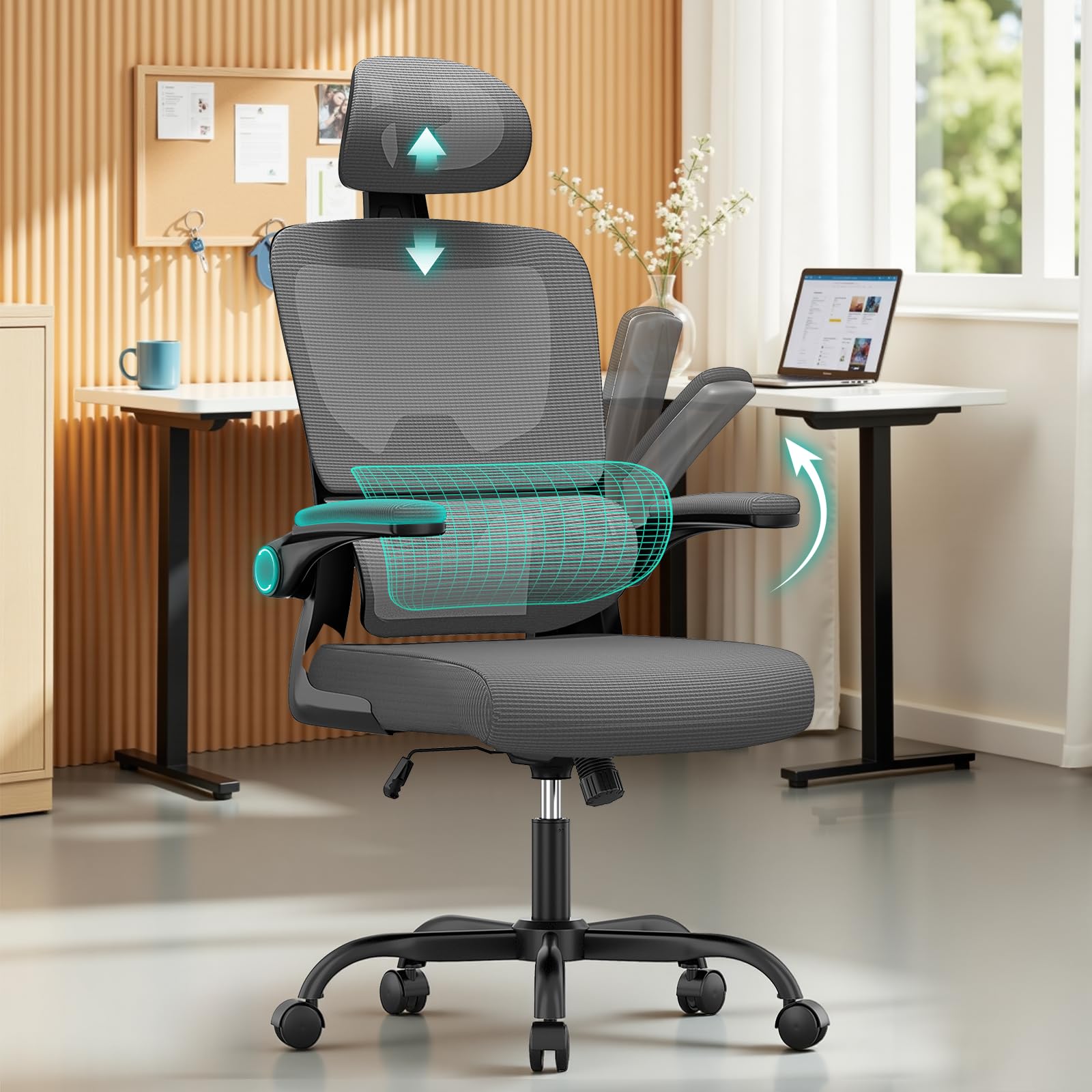 naspaluro Ergonomic Office Chairs, High Big Study Desk Computer Chair with Flip-up Armrests/Back Support/Adjustable Headrest, Comfy Swivel PC Work Chair, Mesh Dark Gray Office Chairs for Home Office — image 1