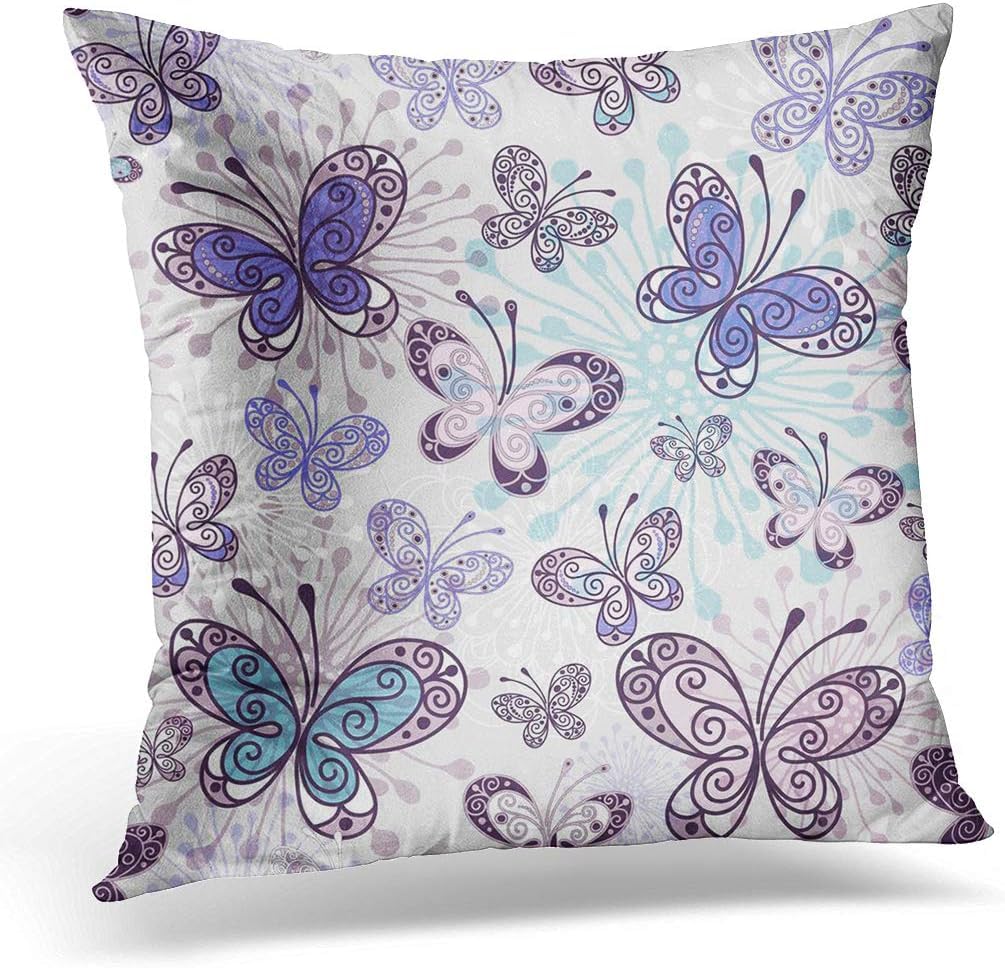 Zfengyyuan As Picture 18X18inches Gray Butterfly Pink Violet Blue Butterflies Purple Flower Pattern Home Decor Throw Pillow Cover
