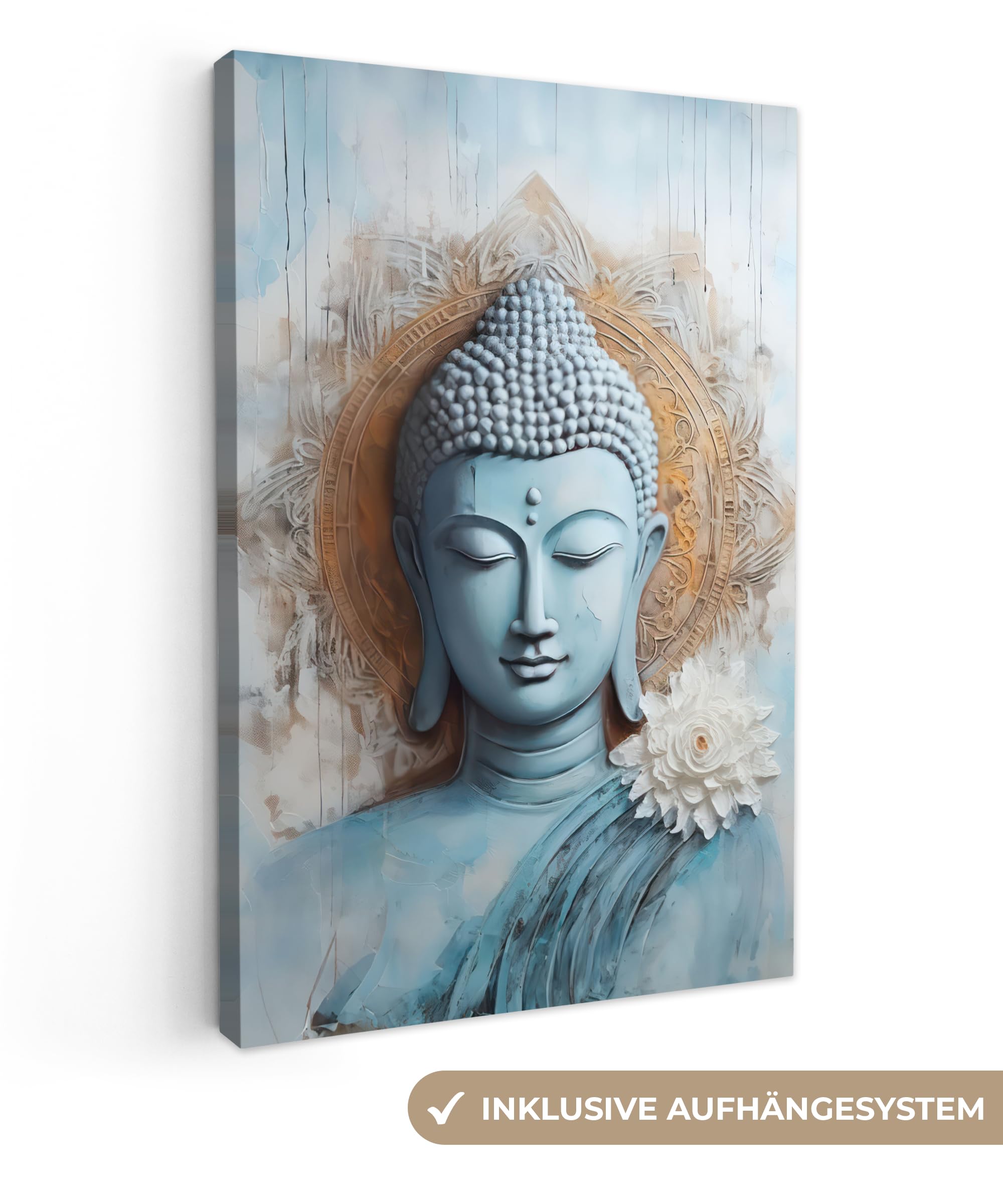 Gartenbild 80x120 cm Outdoor Deko Garten Leinwand Modern Wandbild Wetterfest Kunstdruck Terrasse Geschenke Draußen Buddha - Statue - Blau - Braun - Blume