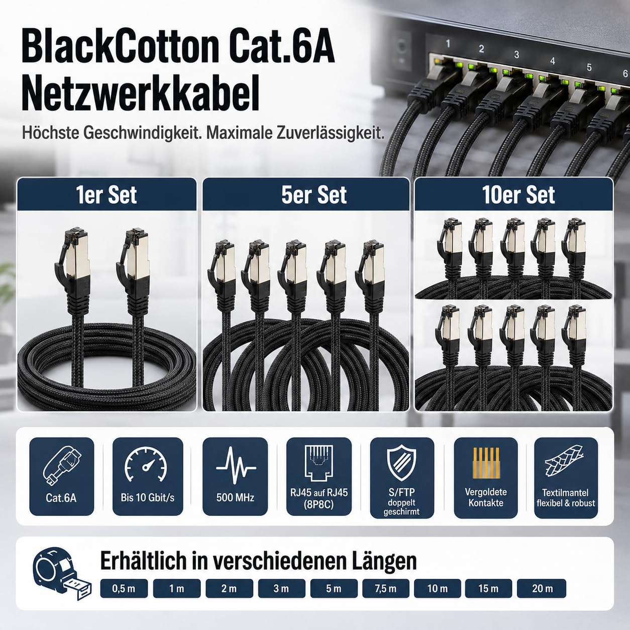 1aTTack.de 7,5 m – Cable de red negro de algodón CAT 6a – 5 unidades cable de red de tejido de algodón Cat 6 a cable Rj 45 LAN Ethernet 500 Mhz 10 Gb s – 5 x 7,5 m