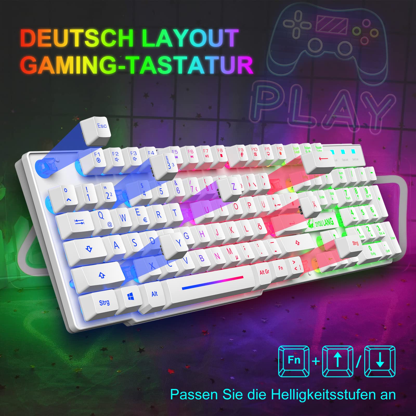 Teclado para juegos blanco con cable con ratón Diseño alemán QWERTZ Teclado con cable Retroiluminación LED RGB 2400 DPI Ratón de 6 botones Teclado y ratón compatible con PC PS5 PS4 Xbox