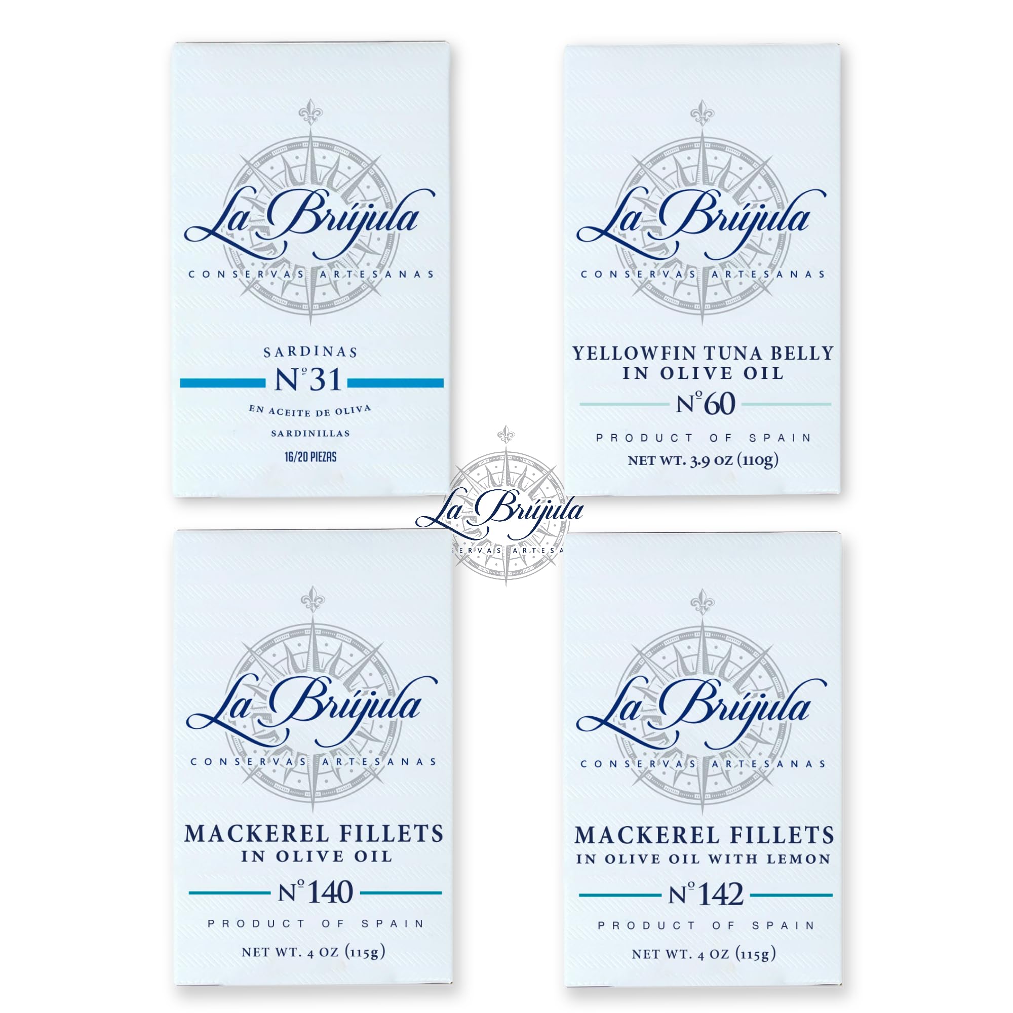 La Brújula Premium Spanish Seafood Sampler – 4 Pack – Includes Sardines, Yellowfin Tuna Belly, Mackerel Fillets, and Mackerel with Lemon | Gourmet Canned Fish | Conservas from Galicia | Product of Spain