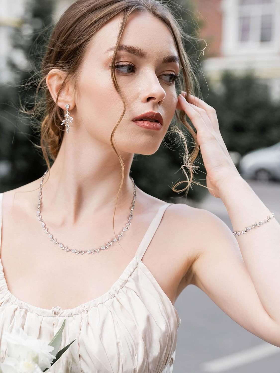 SWEETV Cubic Zirconia Wedding Jewelry Sets for Bride Bridesmaids, Crystal Leaf Vine Bridal Earrings and Necklace Set for Women Jewelry Gifts - Image 2