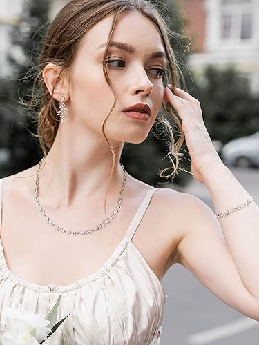 Vista 2 de SWEETV Juego de joyas de boda de circonita cúbica para novias, damas de honor, aretes y collar de vid de hoja de cristal para mujer, regalos