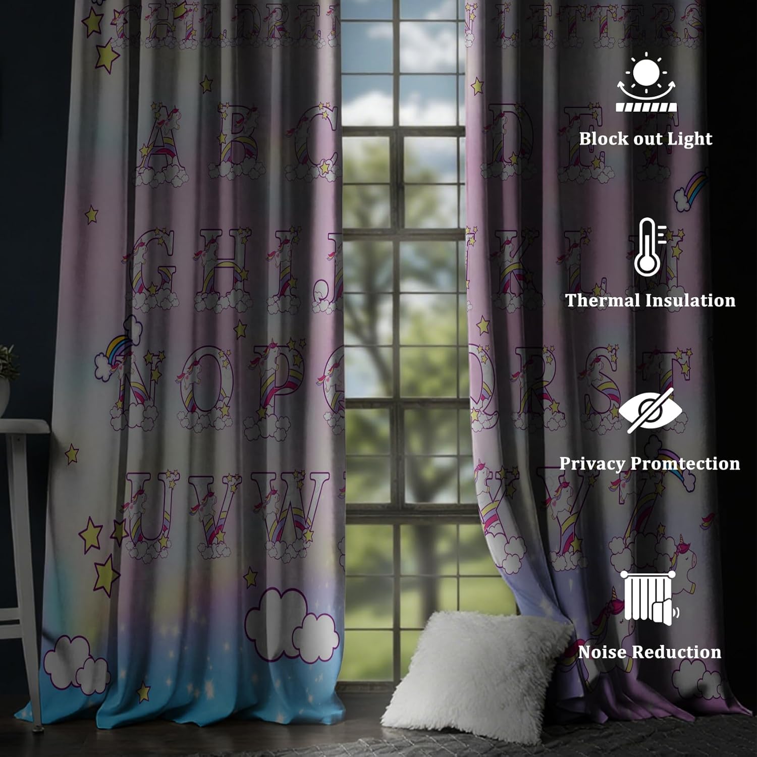 AWERT Cartoon Children Letters Window Curtains 84 Inches Long 2 Panels Unicorn Dream Sky Rainbow Stars Clouds Blackout Drapes Thermal Insulating for Kids Bedroom Living Room Each Size 42x84 Inches