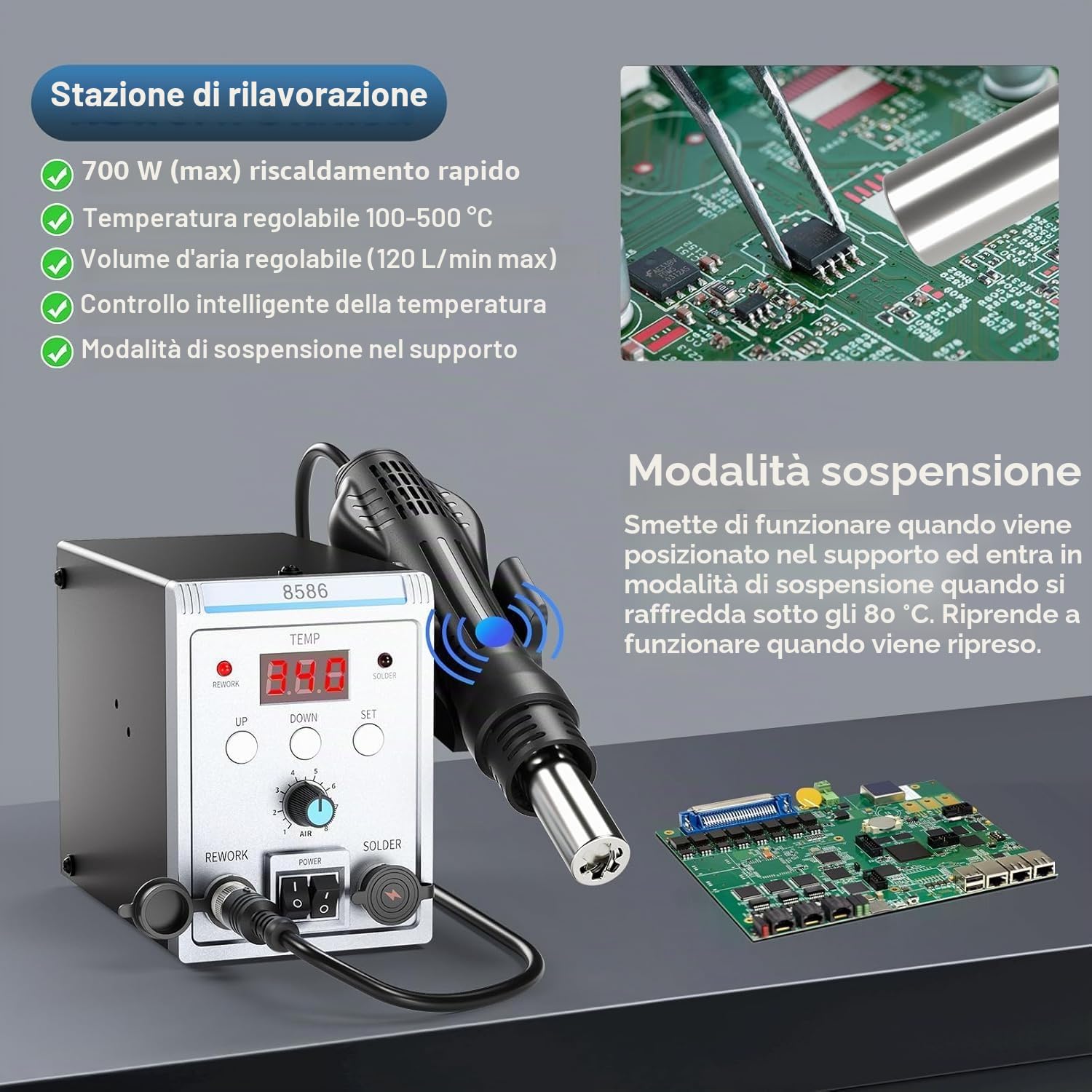 Stazione Saldante Ad Aria Calda, 700W 8586 2 In 1 Saldatore A Stagno E Stazione Di Saldatura Stazione Dissaldante, Stazione Saldatura Dgitale Pistola Aria Calda Smd Rework Station Con 3 Ugelli