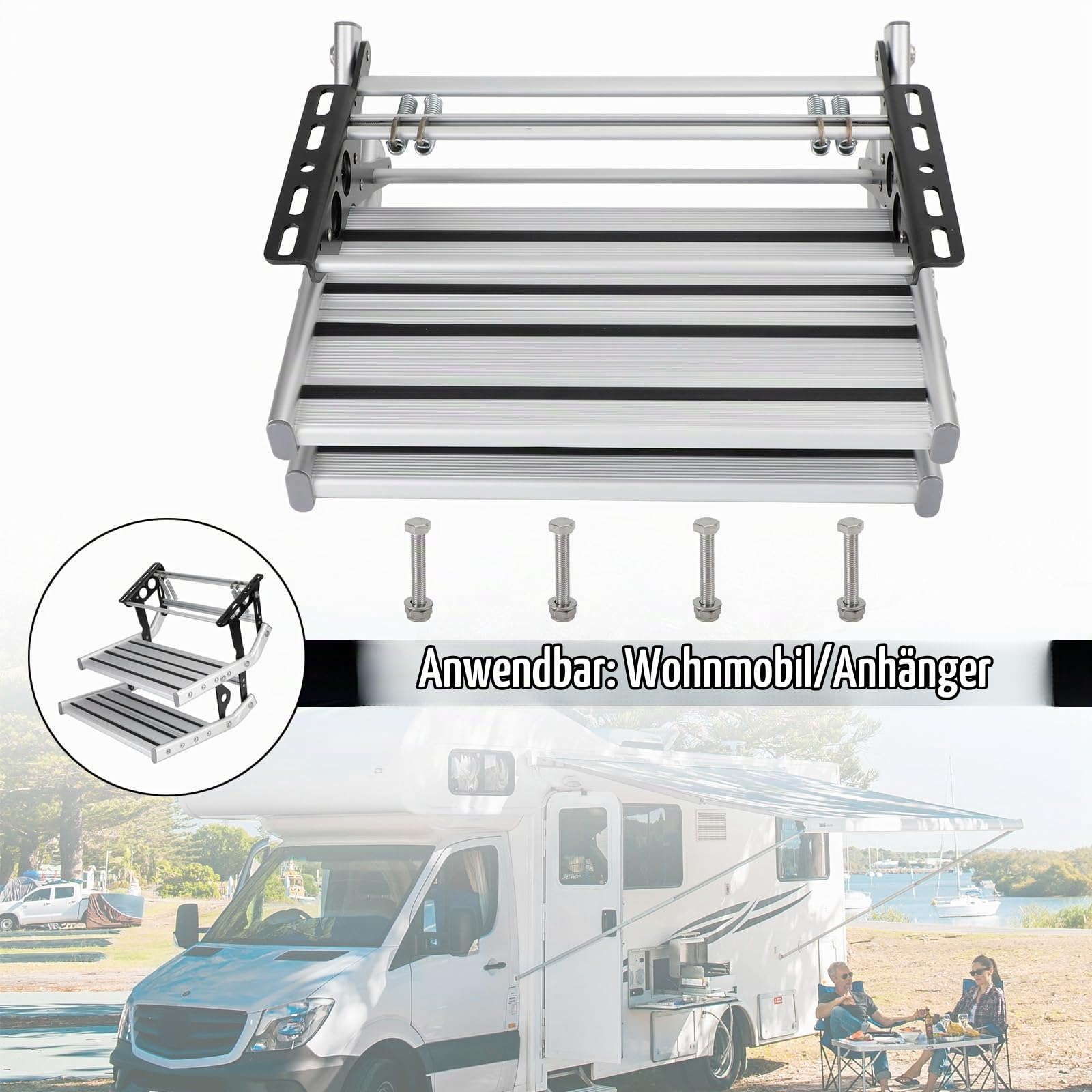 Aluminium Manuelle Doppelte Ausziehbare Klappstufe für Wohnmobil, Wohnwagen, Camper - Verstärktes Rutschfestes Pedal - Leiter - 150 kg Tragfähigkeit