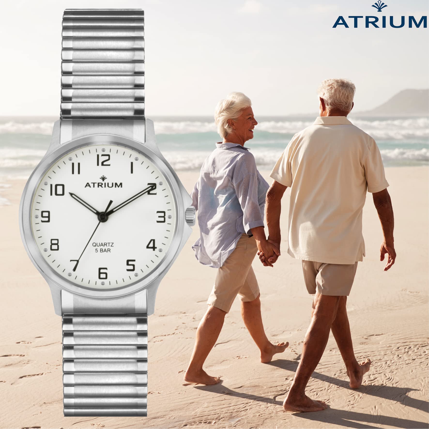 Atrium Damen-Armbanduhr Analog Quarz Edelstahl 5 bar Leuchtzeiger Flexband Silber A13-50