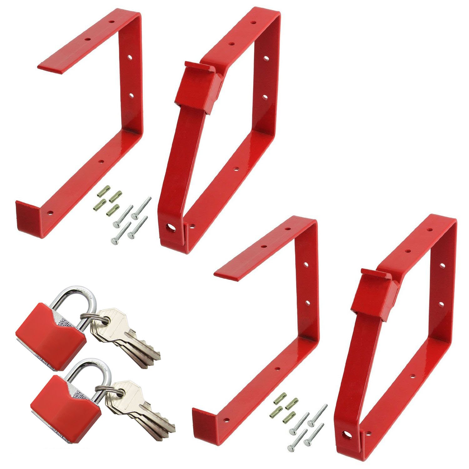 Spares2go Universal Lockable Wall Ladder Rack Brackets & Padlock Set (Red, Pack Of 2 Pairs)