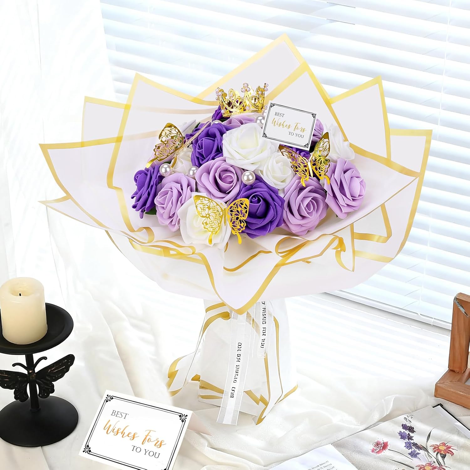 Valentine's Day Purple Flower Bouquet Kit, Artificial Purple Rose Bouquet Everlasting Flowers Fake Bouquet for Valentines, Anniversary, Engagement, Wedding, 24 Roses - Image 5