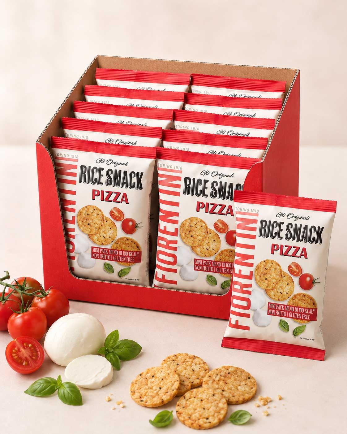 Rice Snack Pizza Mini Pack 20g per Fiorentini, Box con 12 Confezioni da 20g, Snack di Riso Croccanti Gusto Pizza, Senza Glutine, Non Fritti, Monoporzione per Aperitivo e Pausa Snack
