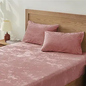 BEDELITE Velvet Fitted Sheet and Pillowcase Set, Luxury Soft Fuzzy Bottom Sheet with Reinforced Elastic Corner Straps, Deep Pocket up to 15 Inch, 1 Fitted Sheet and 1 Pillowcase (Twin, Dusty Pink)