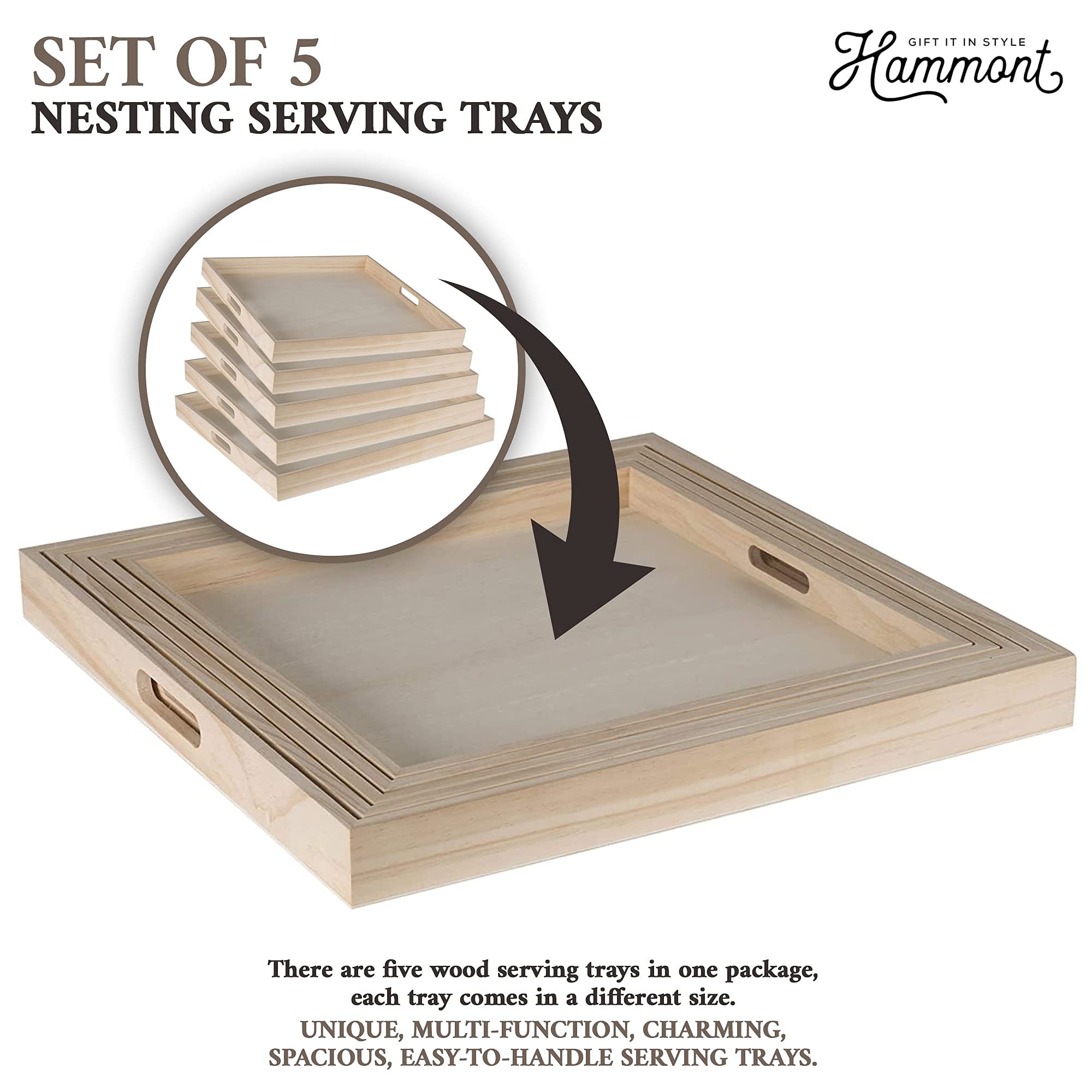 Wooden Square Trays for Serving - Five Piece Nested Breakfast Tray - Wood Crafts Trays for Organizing | Bathroom Tray - Food Trays for Party Buffet Montessori Wooden Trays for Serving & Catering - Image 4