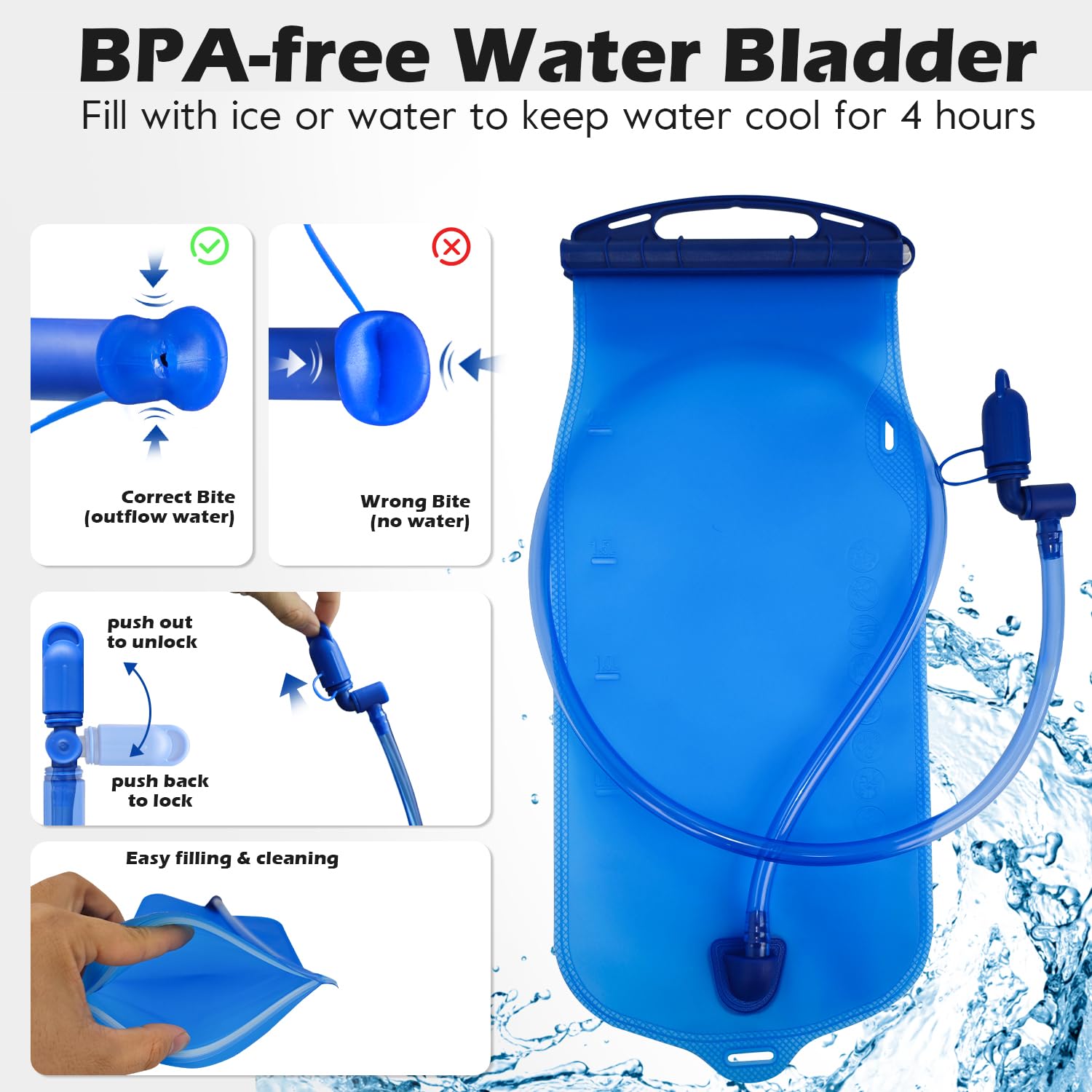 Mochila de hidratación con bolsa de agua de 2 L, paquete de 2, negro y gris
