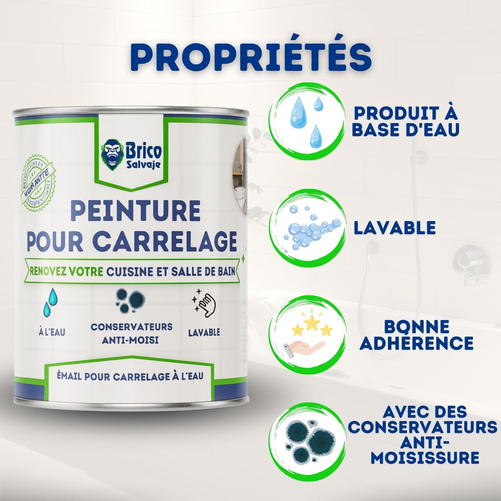 Peinture carrelage cuisine & salle de bain à l'eau - finition MAT | Sans sous-couche | Lavable | Haute résistance (Nacre, 4 litres)