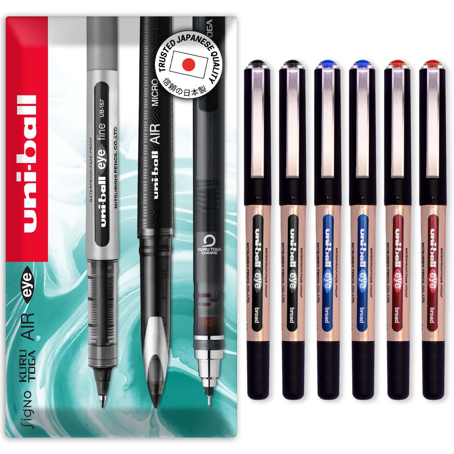 Eye UB-150-10E Broad Liquid Ink Rollerball Pens - 1.0mm - Black, Blue, Red (6)