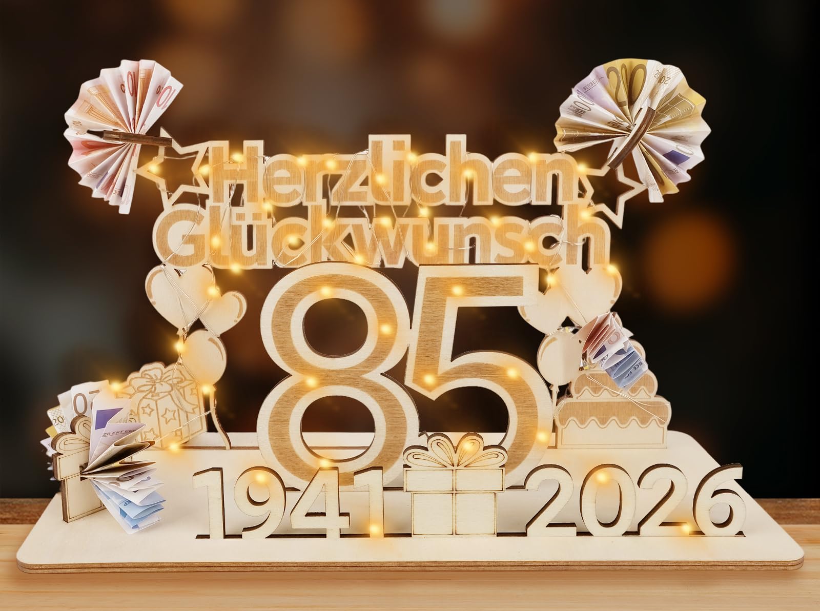 ARTREE Geldgeschenke Geburtstag Frau Mann, Holz Schild Gästebuch mit LED Lichterkette, Personalisiertes Geschenke Geburtstagszahlen, Geburtstag Deko, Hochzeit Deko