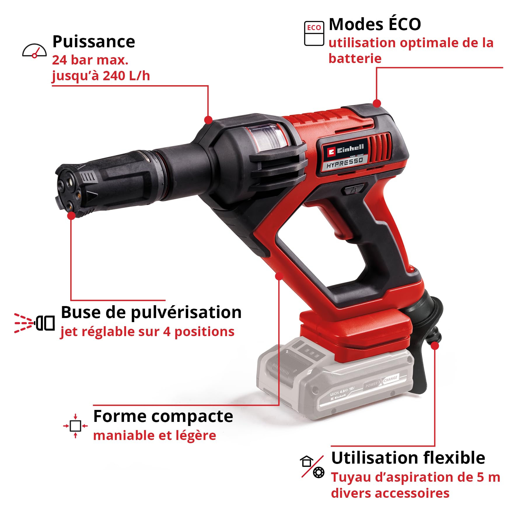 Einhell Pistolet-Nettoyeur Moyenne Pression sans Fil HYPRESSO 18/24-1 Power X-Change (18 V, 24 Bar, Nettoyage et arrosage Mobiles, débit de 240 l/h, Accessoires Inclus, sans Batterie ni Chargeur)