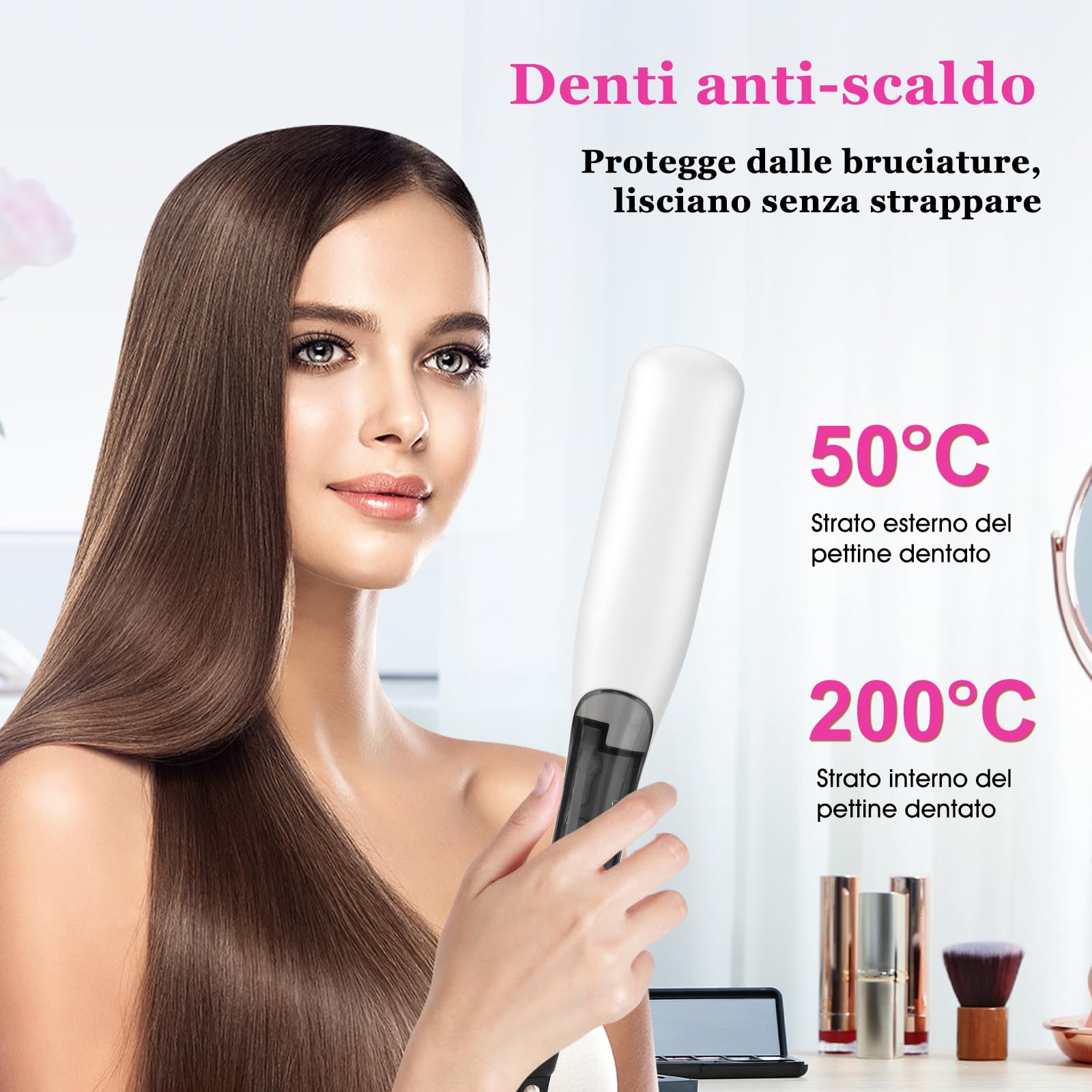 Spazzola Stira Capelli a Vapore - 3 Livelli Temperatura (150°C-210°C), Riscaldamento Rapido 30s, Piastre Ceramica, Design Sicuro, per Tutti i Capelli, Bianco