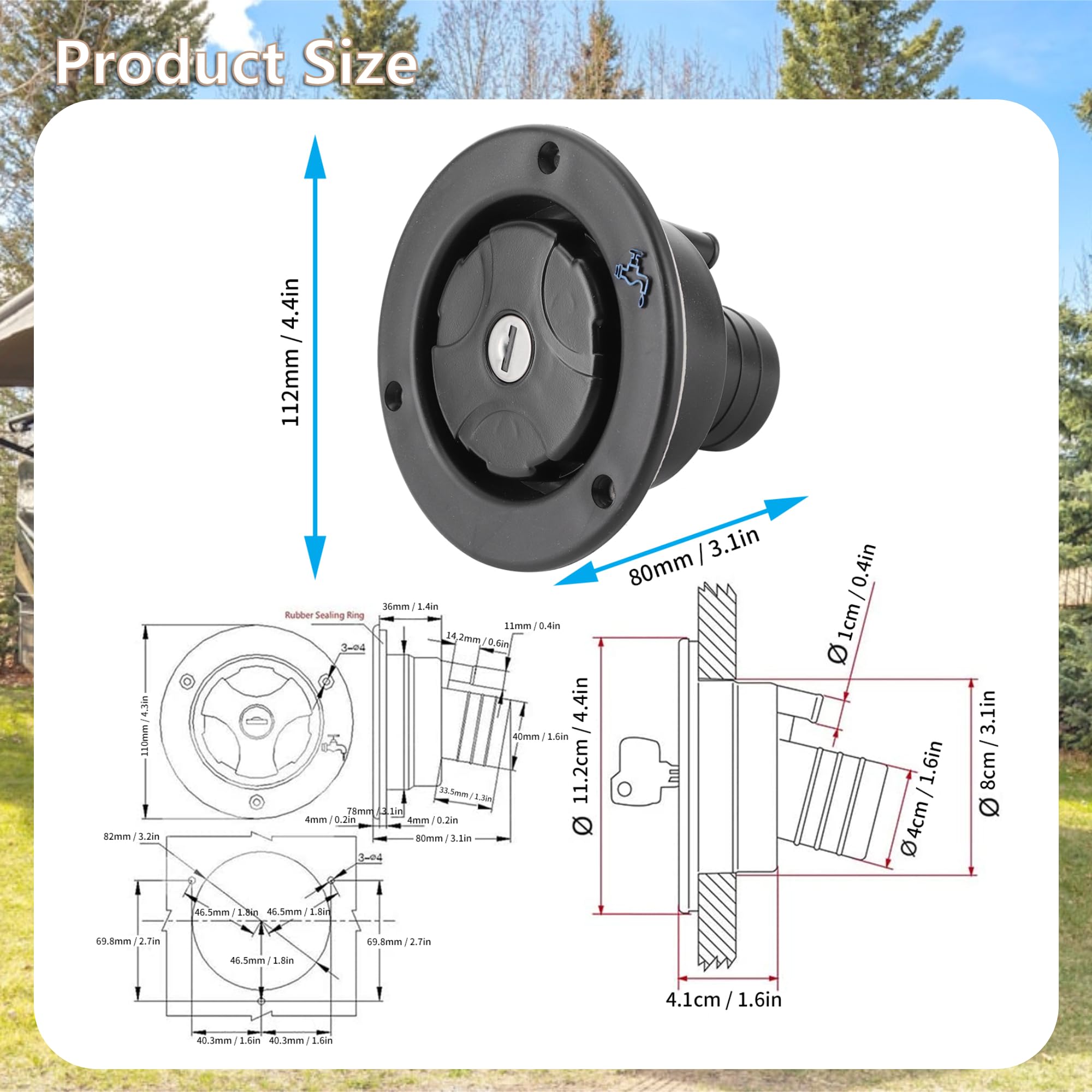 Bouchon de remplissage d'eau douce avec gravité, bouchon de remplissage d'eau d'entrée verrouillable et étanche avec 2 clés pour camping-car, caravane, camping-car