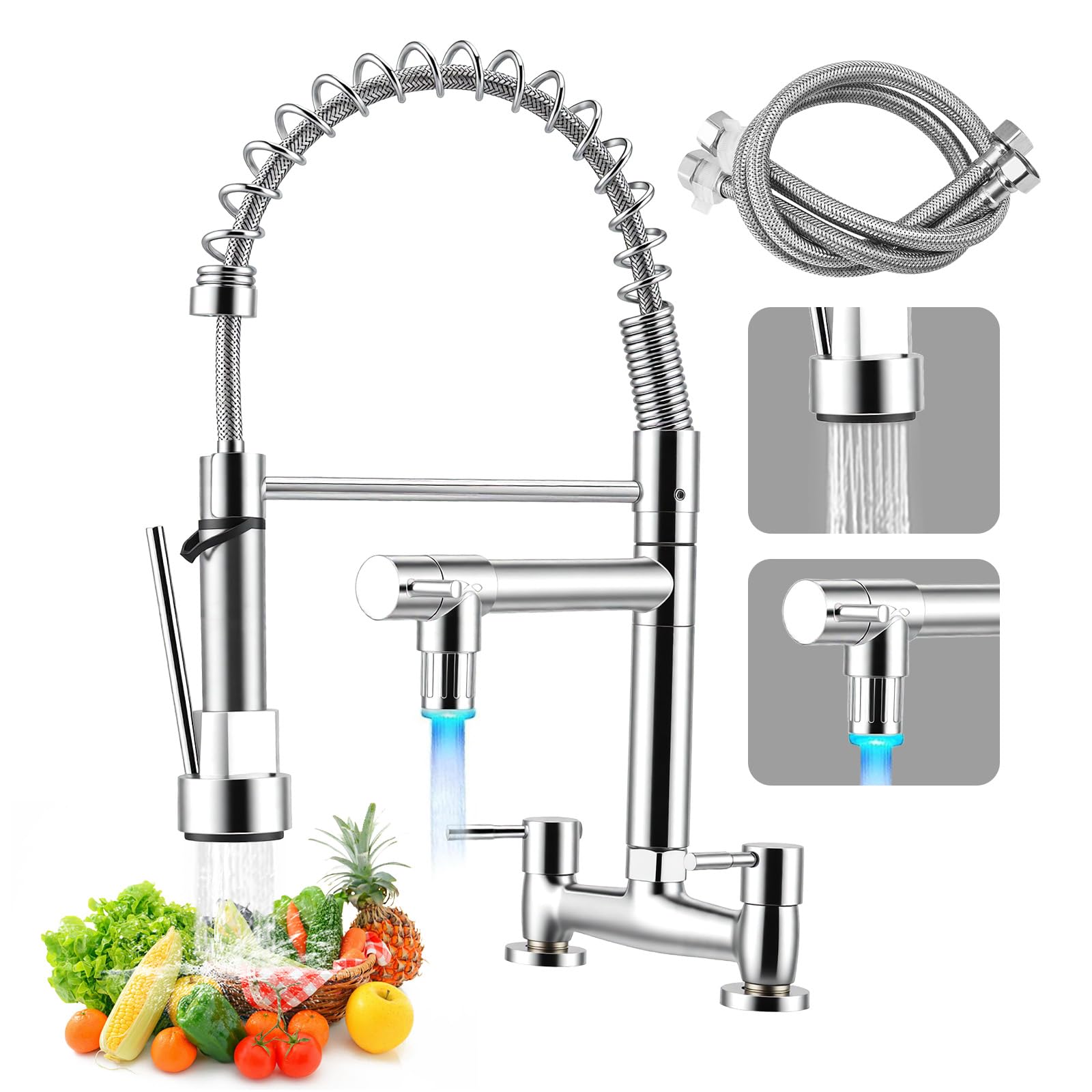 2 Hole Bridge Kitchen Mixer Tap, Dual Lever Sink Faucet with 360° Swivel Brass Spout & 2 Spray Modes, Corrosion-Resistant Ceramic Valve, Easy Install Deck Mounted for 180mm Centers UK Standard (C02)