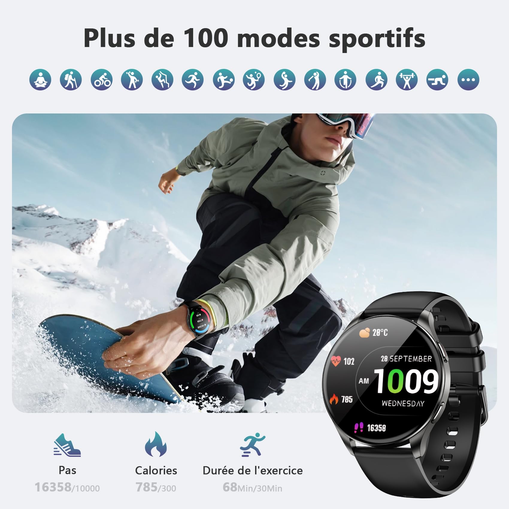 Blackview Montre Connectée Smartwatch Hommes Femmes - Écran AMOLED 1.43", Appels Téléphoniques Directs, Moniteur Fréquence Cardiaque 24/7 et Sommeil, Compatible Android iOS, Montre Sport Étanche IP68
