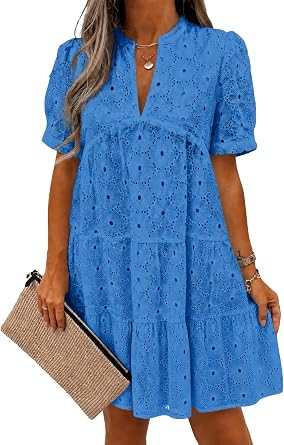 Imily Bela Womens Summer Lace Dresses Eyelet Casual Flowy Babydoll Swing Short Sleeve V Neck Tunic Dress