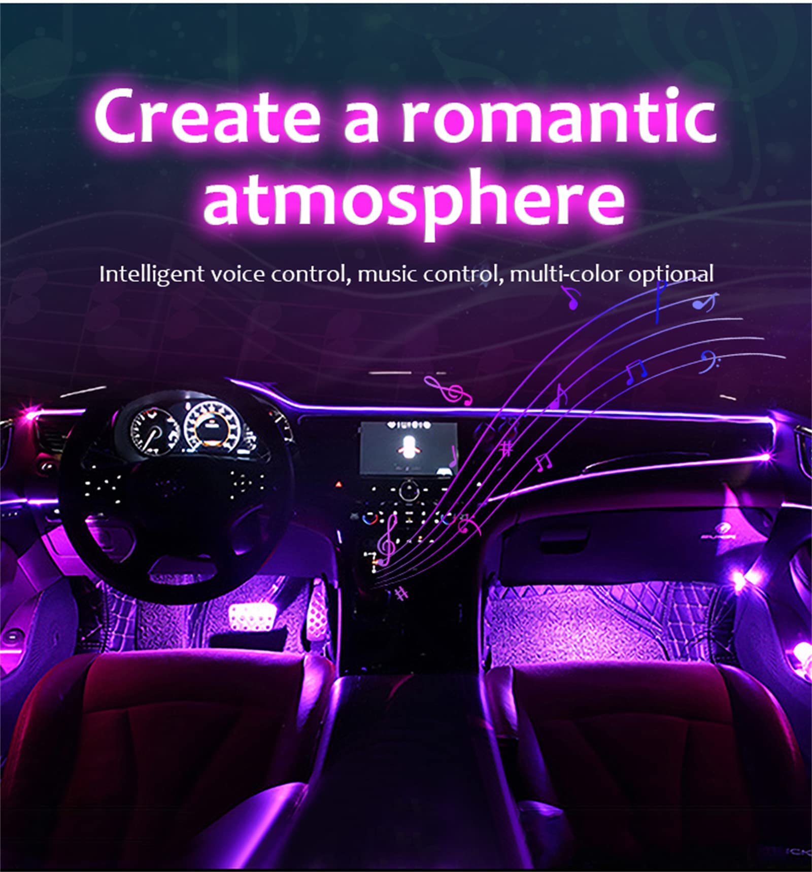 Tira De Luces LED para Automóvil, Luces Interiores para Automóvil RGB, 16 Millones De Colores 9 En 1 con Fibra Óptica, Función Activa De Sonido Y Control Inalámbrico De Aplicación Bluetooth,10 in 1