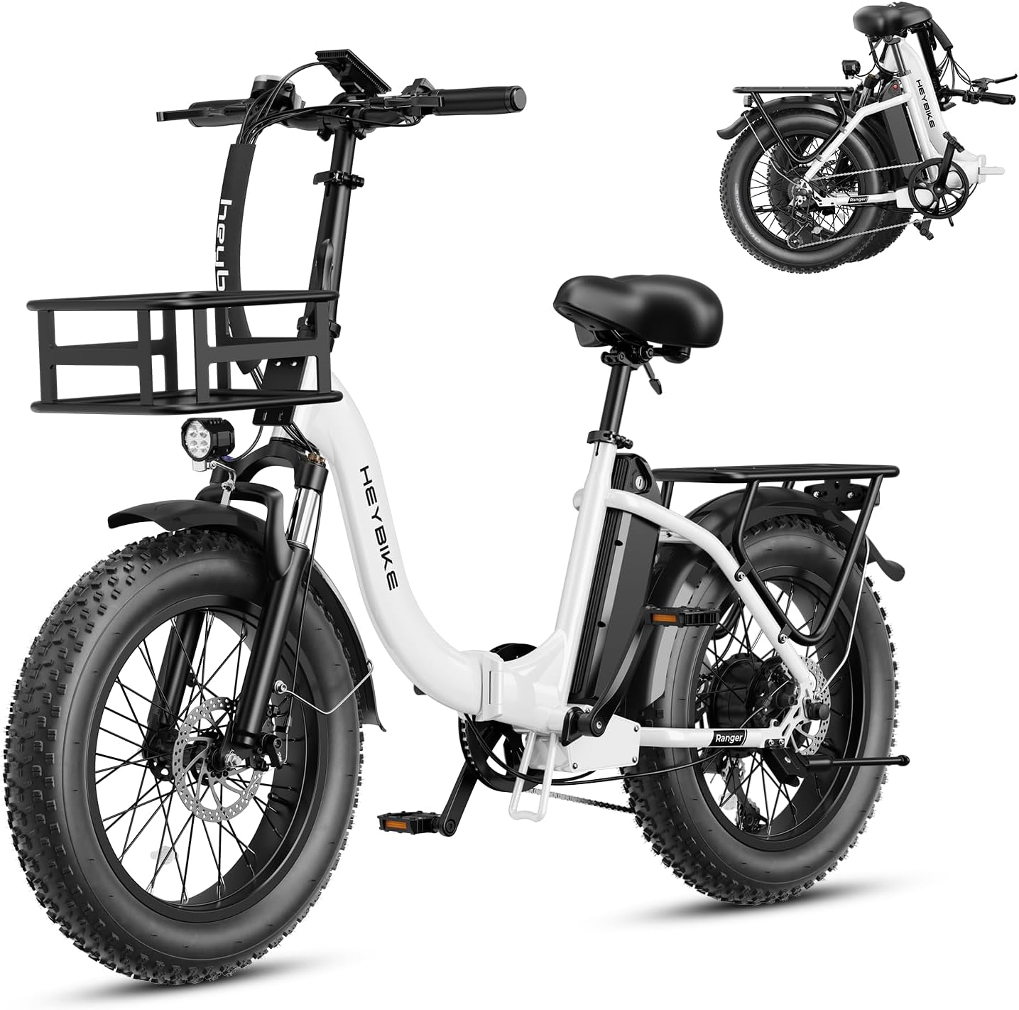 Heybike Ranger 2.0 Foldable Electric Bike for Adults, 20"*4 Fat Tire Ebike with 1400W Peak Motor, 28 MPH Max Speed, 600Wh Removable Battery, Up to 65 Miles Range, Front Suspension Step-Thru E Bike