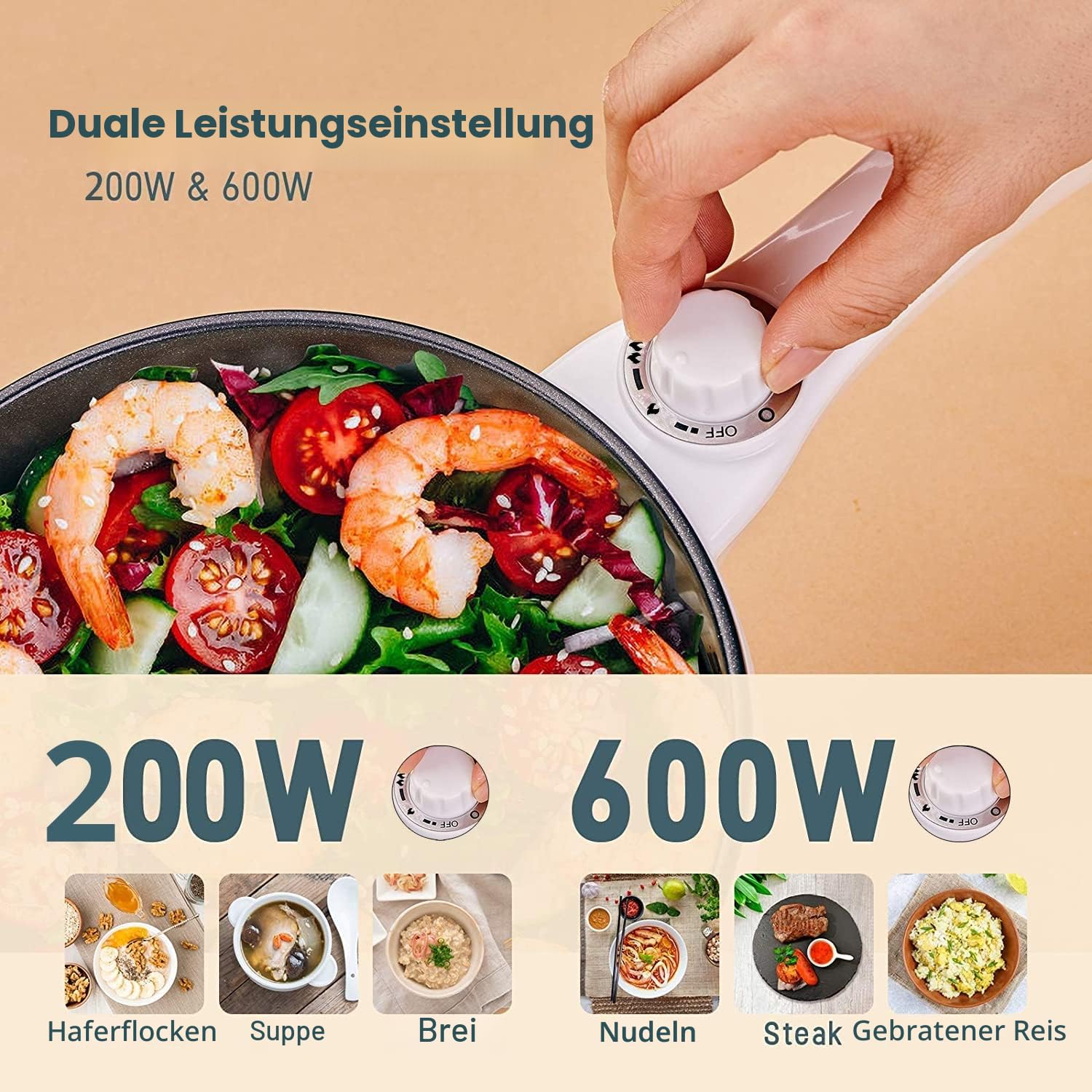 Vocha Elektrische Pfannen, 1,5 L Kleine Hot Pot, Antihaft Elektro Bratpfanne für Reise/Wohnheim, Tragbarer Multi Kocher mit Dual Power Contro (Grün)