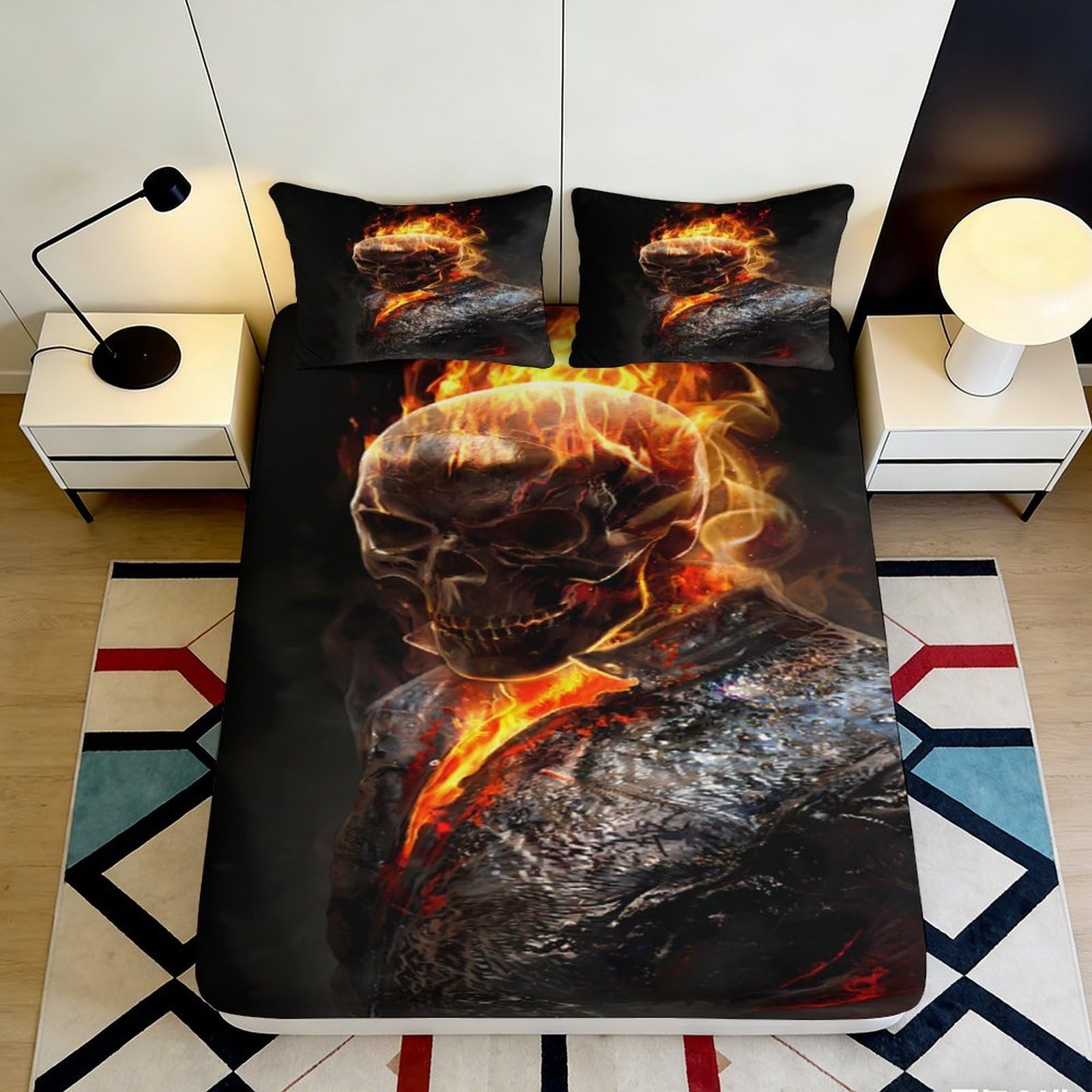 3D Printed Flaming Skull Fitted Sheet Microfiber Soft Black Bed Cover for Bedroom Dorm Mattress Protection Decor 140x200x25cm