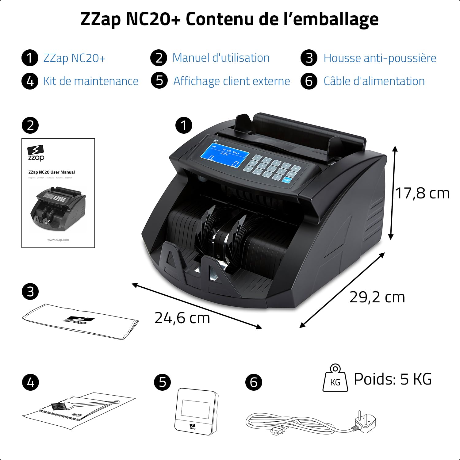 ZZap NC20+ Compteuse de Billets & Détecteur de Contrefaçons - Compte 1000 billets par minute, compte par lots, détecte les contrefaçons sur 4 points et plus encore!