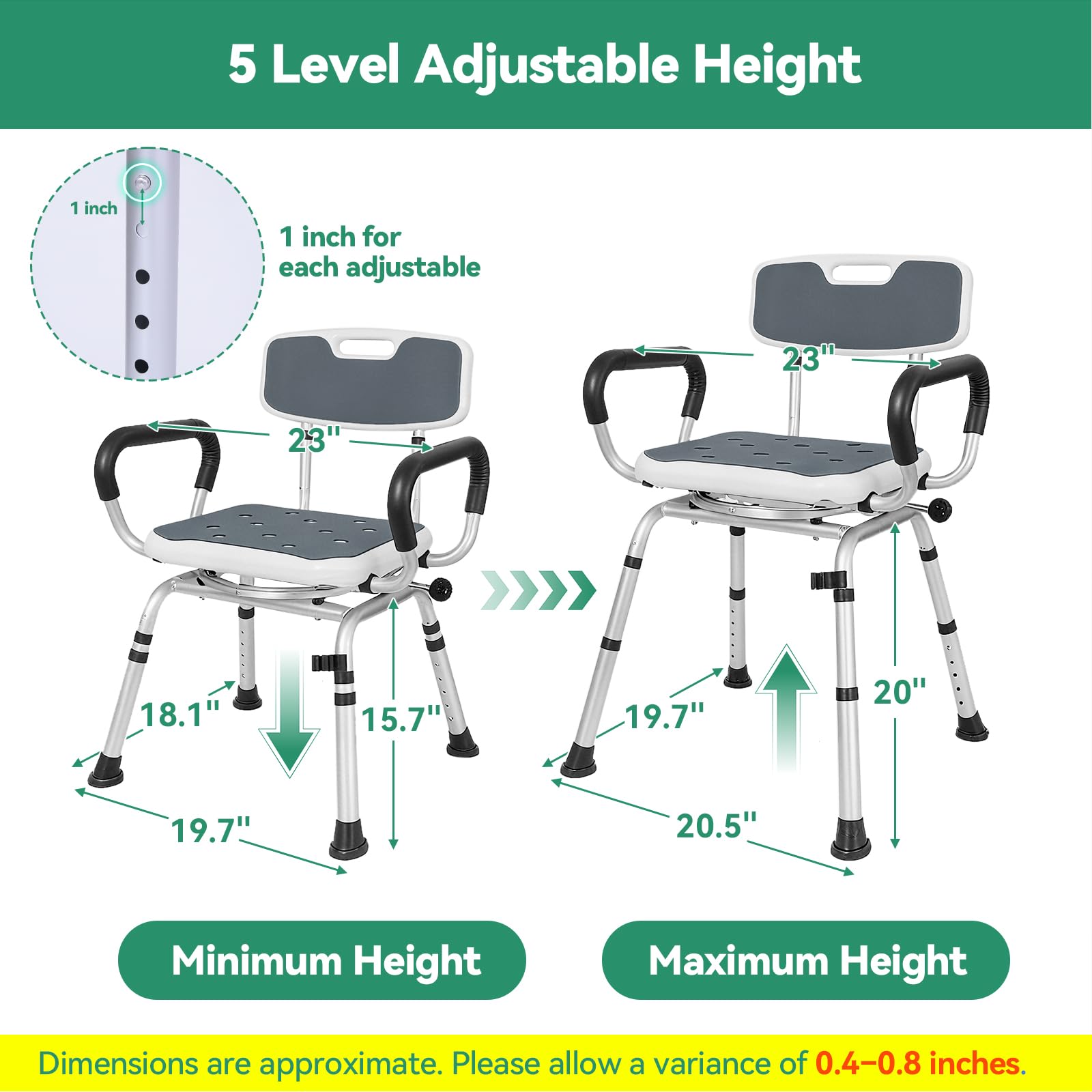 Silla de ducha giratoria con asiento de bloqueo, 400 libras, silla de ducha giratoria de 360° para ancianos y discapacitados, silla de baño ajustable en altura con brazos y respaldo, asiento de ducha