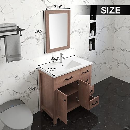 Miniatura 3 de wonline Moderno tocador de baño con lavabo de cerámica, gabinete de almacenamiento marrón con cajones de cierre suave, combo de fregadero de grifo