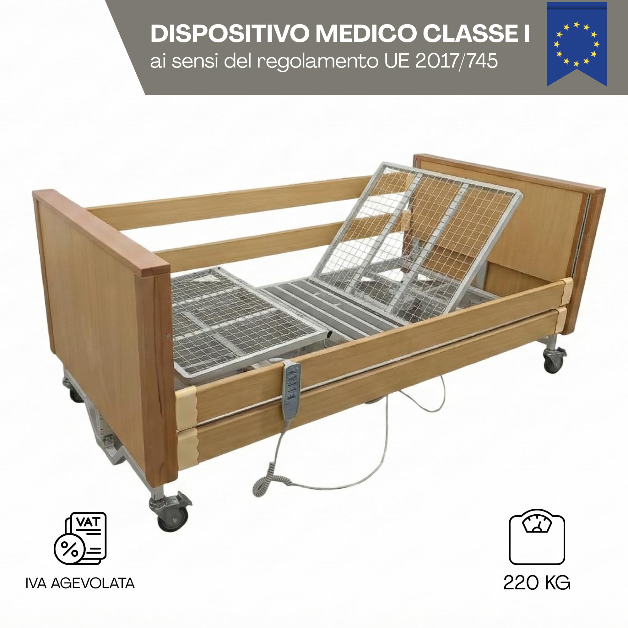 Letto Ospedaliero Elettrico a 5 Funzioni in Rovere e Acciaio 4 motori 5 Funzioni con Sponde - Incluso Materasso Ortopedico, Movimento Trendelenburg/Anti-Trendelenburg - Degenza e Anziani, DM Classe 1