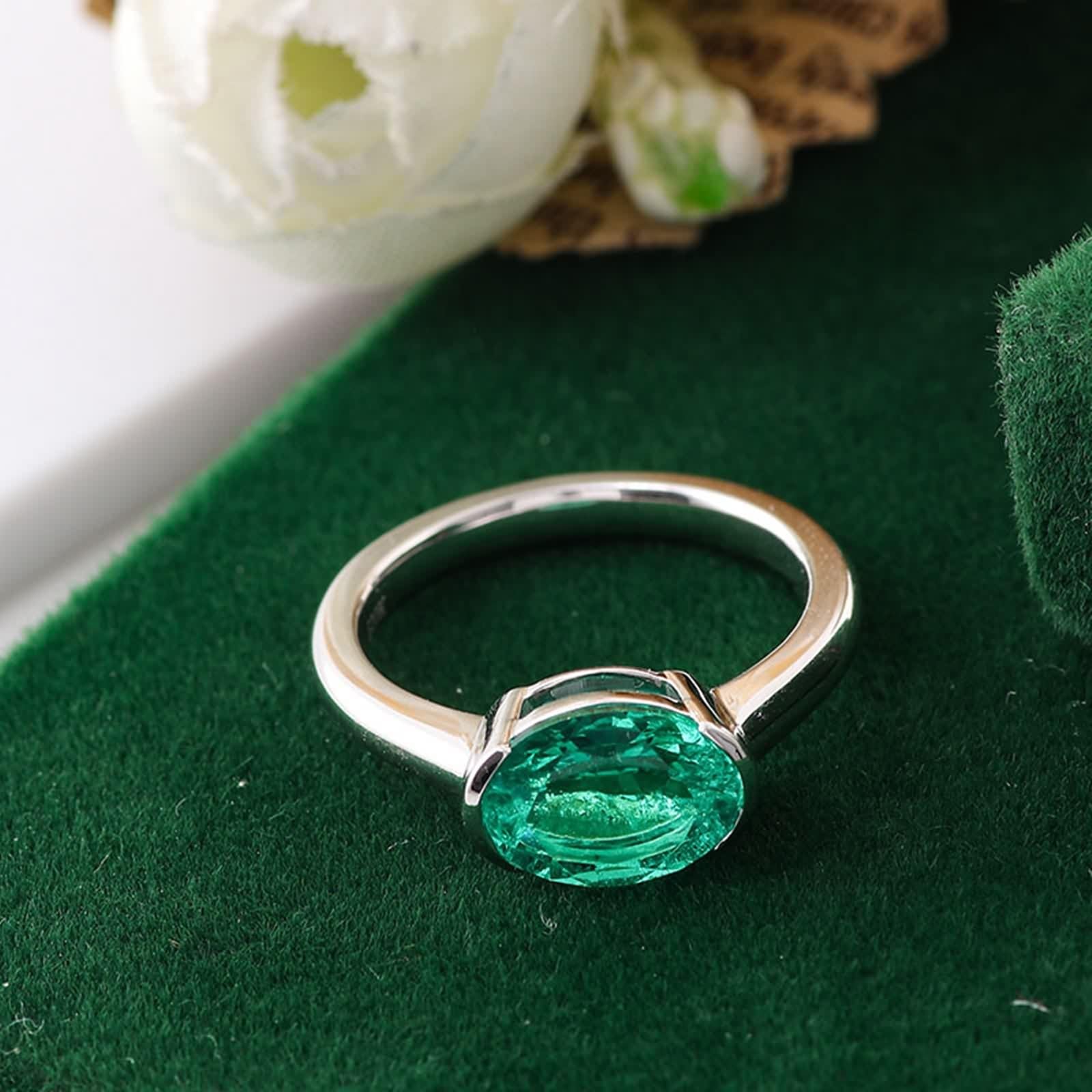 Anillos de oro de 9 quilates para mujer, alianzas de boda de oro blanco, ovaladas, creadas en laboratorio, esmeralda, moda
