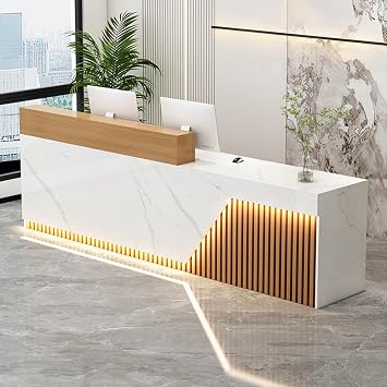63 Reception Desk with Right Countertop & RGB LED Light, Teak Color | RGB LED light strip & Grille Design & Cable Grommet, 1000lb Load Capacity, Retail Checkout for Home Office, Shop