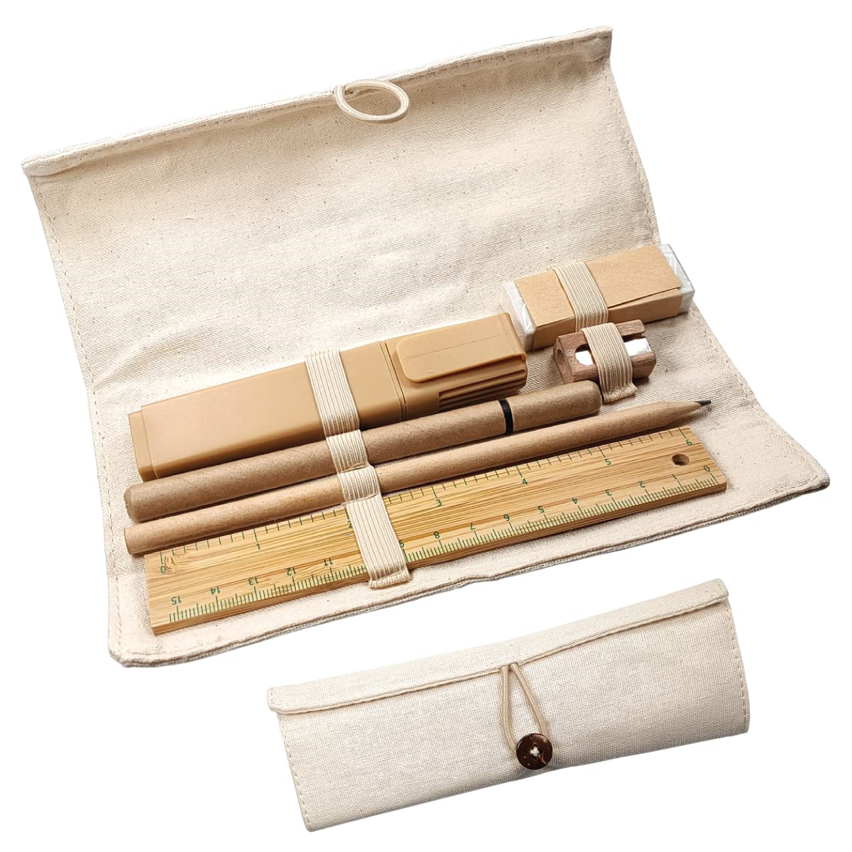 ECO Writing Set, Eco Friendly Writing Kit in Linen, Cardboard and Bamboo with Roll Up Case, Stationery Set: Ruler, Pencil, Pen, Pencil Sharpener, Rubber, Highlighter, Linen and Cardboard Writing kit