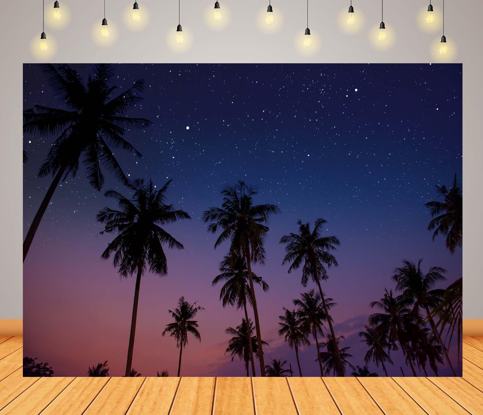 10x8FT (3x2.5m) Sagome Di Palme Sotto Il Cielo Stellato Sfondo Fotografico | Orizzonte Notturno Tropicale Fondale In Tessuto,Crepuscolo Viola Palme Alte,Per Feste Estive E Foto Delle Vacanze,Photo Booth