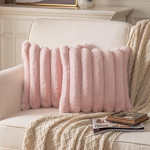YAERTUN Set of 2 Pink Striped Decorative Cushion Covers 16x16 Inch 40x40 cm Plush Soft Throw Pillow Case with Velvet Back Faux Rabbit Fur Pillow Covers Sofa Couch Bed Livingroom - Pink - 40 x 40 cm (Pack of 2)