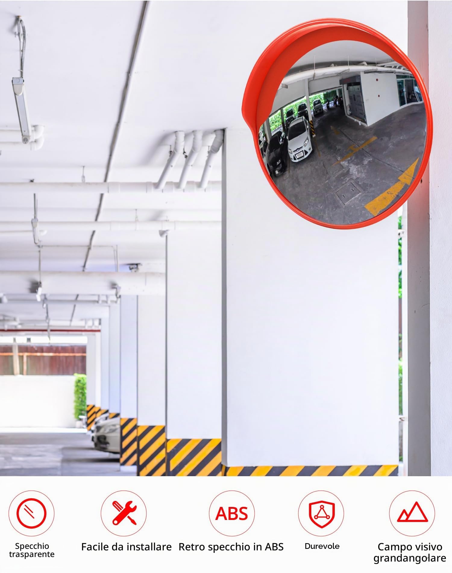 QWORK® specchio convesso, specchio per traffico, specchio di sicurezza, per vialetti, magazzini, garage, curvatura 270°Ø60 cm, compresi accessori di montaggio