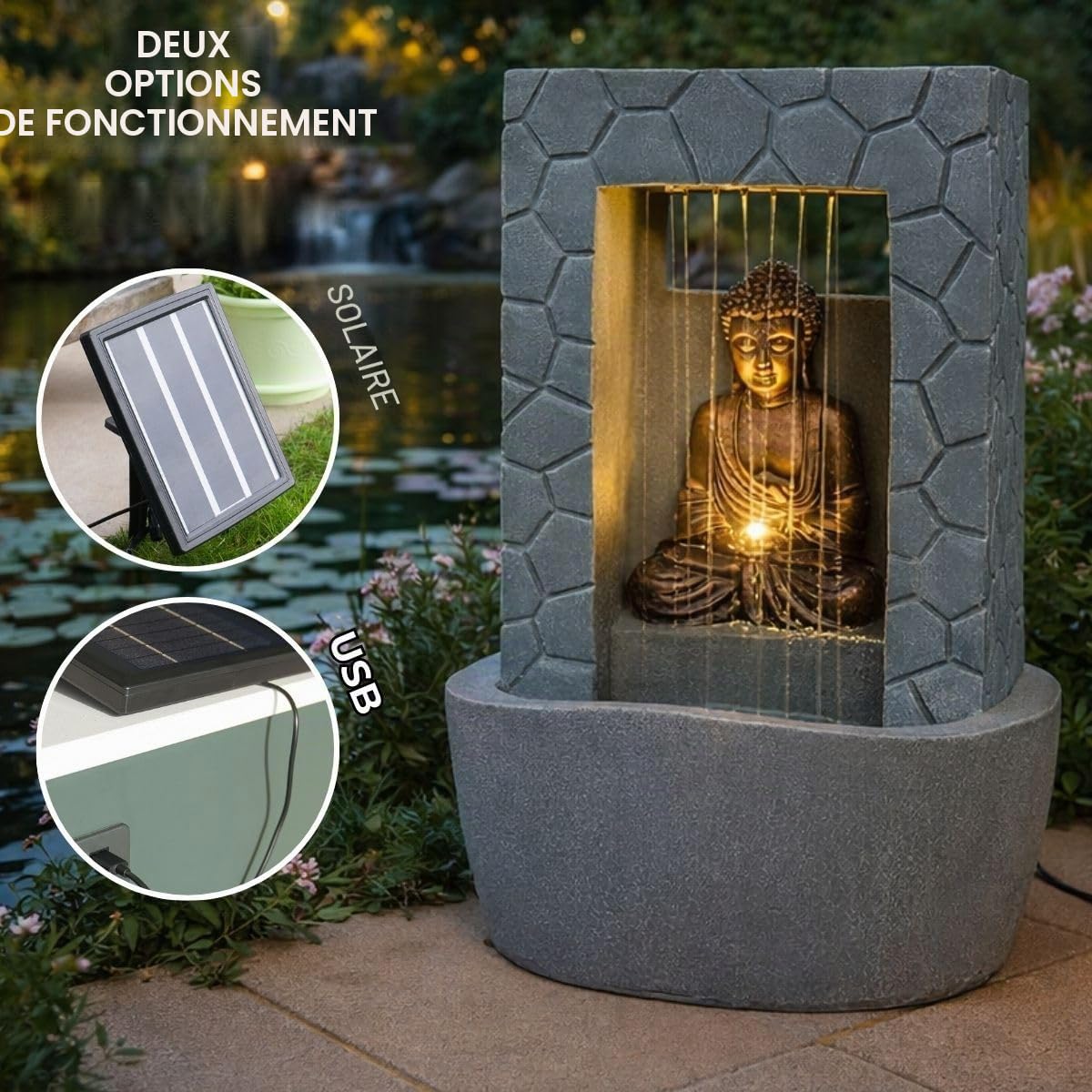 Festive Lights Fontaine solaire LED Bouddha - Gris - Aspect pierre - Fonctionnement solaire et USB - Pour l'intérieur et l'extérieur - 43 cm