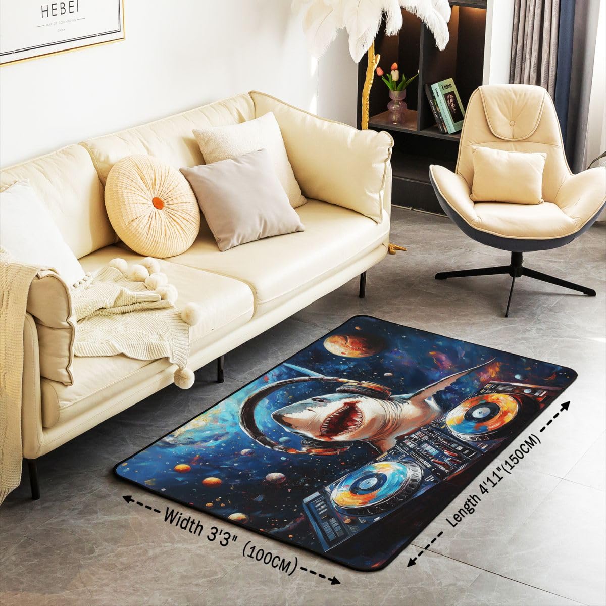 Homewish Dywaniki 3D z rekinem 100 x 150 cm do sypialni salonu - olejny kolorowy obraz nowoczesny dywan podłogowy fantazja planeta kosmos duże dywany rock DJ muzyka nie gubi włosia dywan