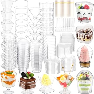 Remerry 296 Pack Plastic Dessert Cups with Lids and Spoons Toothpicks 2/3/4/5/6 oz 8 Styles Clear Mini Appetizer Cups Disposable for Serving Fruit Trifle Mousse Ice Cream Pudding Weddings Party