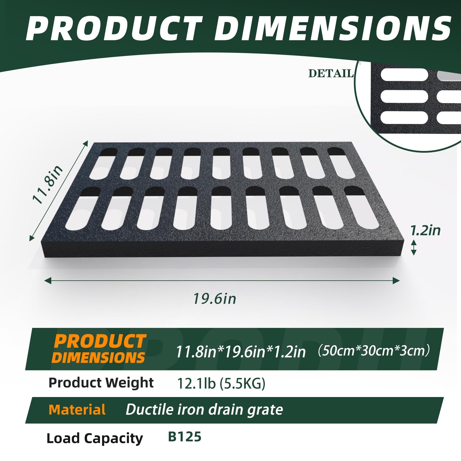 Cast Iron Drain Grate, 12 * 20in Outdoor Drain Cover, Heavy Duty B125 Class Channel Grate, Black Rectangle Drainage Grate, Metal Sewer Grate for Concrete Floor, Yard, Driveway & Garage.