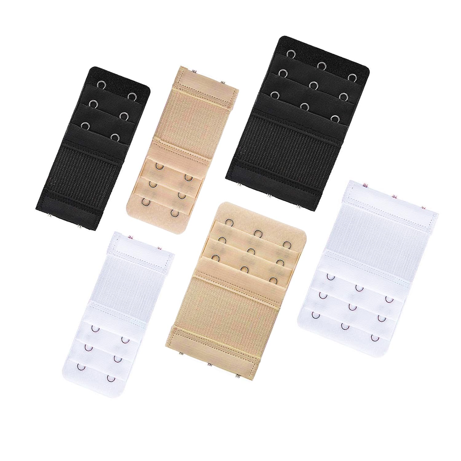 Bra Extender 3 Hook – Small & Large Size Bra Band Extension Straps, Soft Elastic, Adjustable & Comfortable – 6 Pack for Tight Bras (White, Beige & Black)