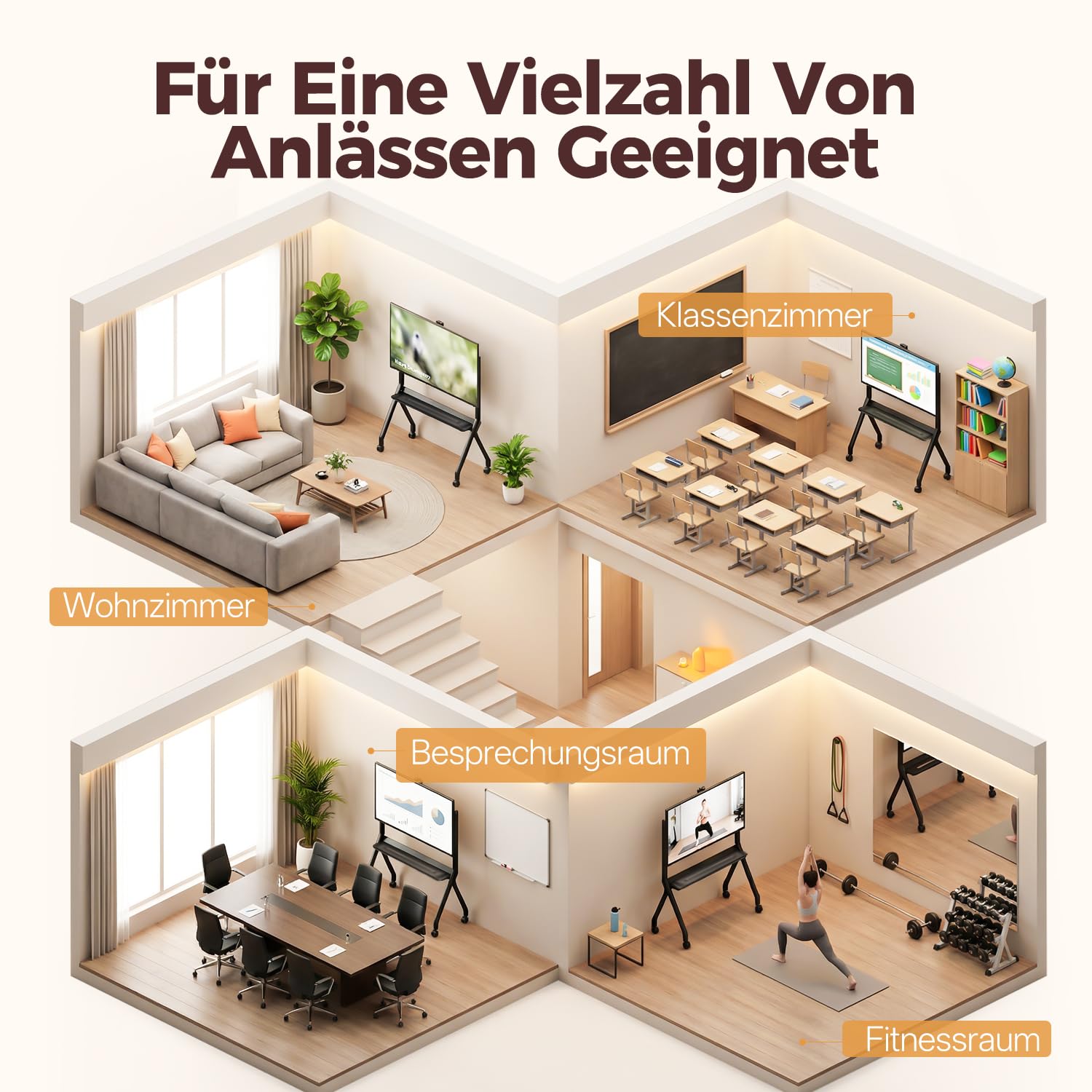 JAV Smart Board Ständer Mobiler Interaktiver Whiteboard Ständer für 47-65 Zoll Digitales Elektronisches Whiteboard Vier Feststellbare Rollen Design für Büro Klassenzimmer Zuhause