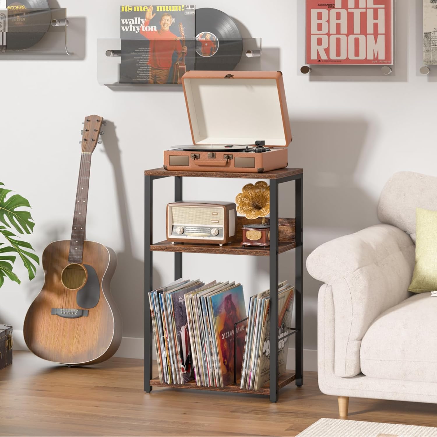 LELELINKY Record Player Stand, 3-Tier End Side Table with Vinyl Record Storage, Vinyl Record Holder Up to 120 Albums, Turntable Stand with Vinyls Storage for Music Living Room, Brown