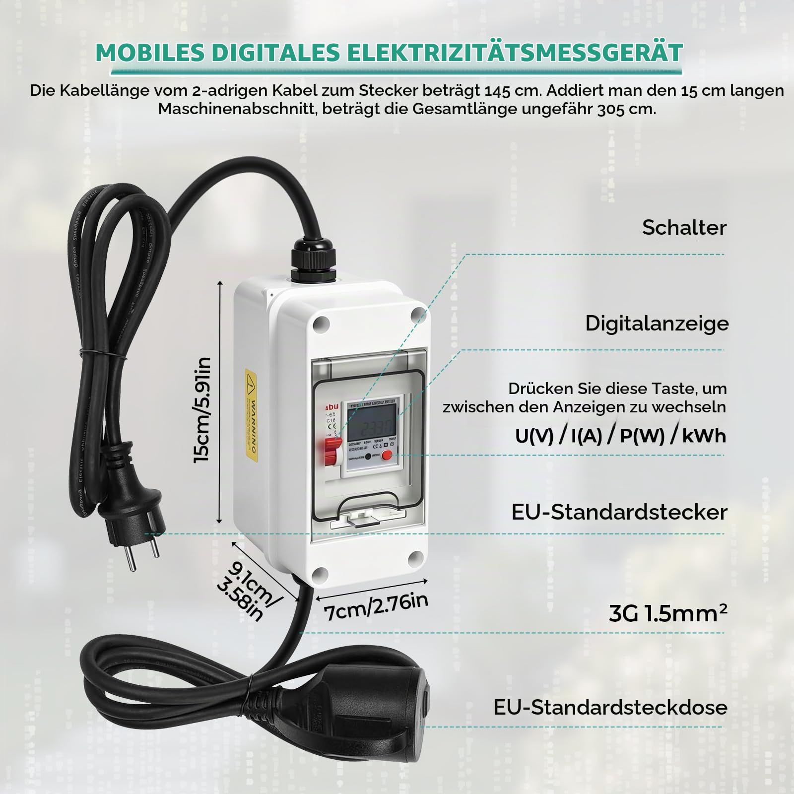 Mobiler Digitaler Stromzähler 80A 230V, Outdoor Mobiles Messgerät mit IP65 Wasserdichtung 16A LS-Schalter Speicher und Reset Funktion, Tragbar Stromzähler für Wohnmobile und Elektrofahrzeuge