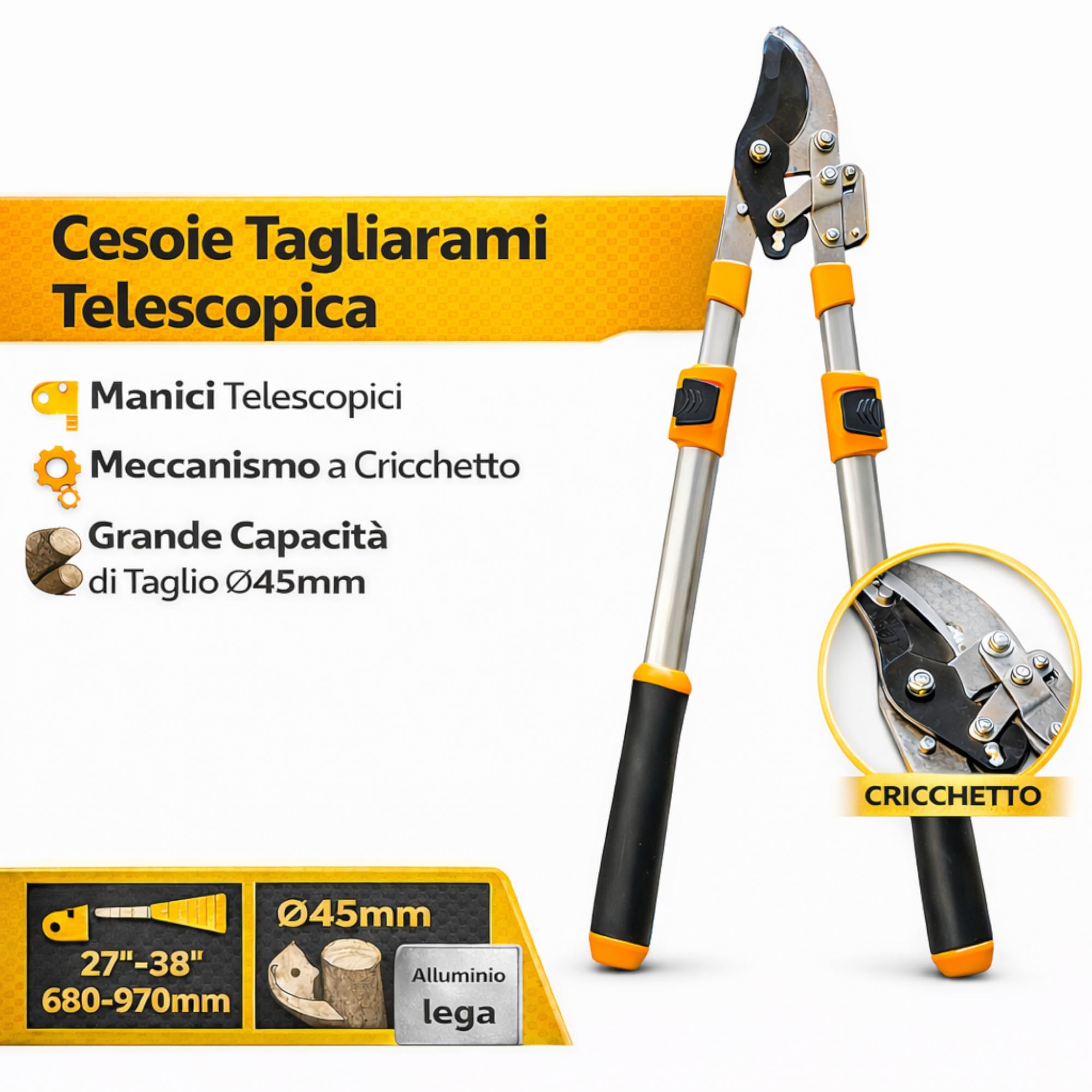 Topolenashop Cesoie Troncarami Telescopiche a Cricchetto 27-38” (680-970 mm) – Forbici Potatura Professionali con Manici in Alluminio per Rami Fino a 45 mm | 351393